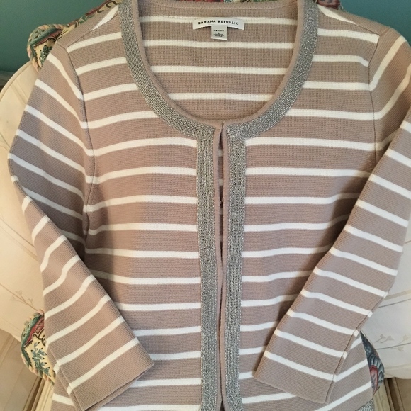 Banana Republic Sweaters - Chic Taupe and Cream Sweater Jacket with Metallic Trim